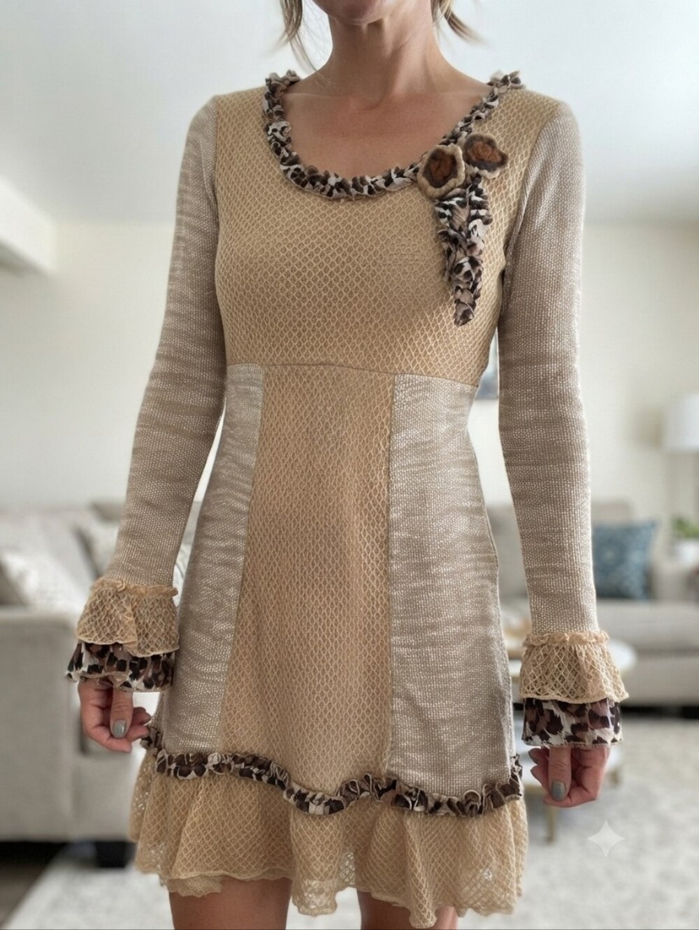Simply Couture Bohemian Animal Print Ruffle Tunic Tie-Back Dress Size L NWOT